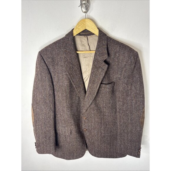 Harris Tweed Brown Wool Sport Coat Suede Elbow Patches Men’s 44R Scottish - Picture 1 of 10